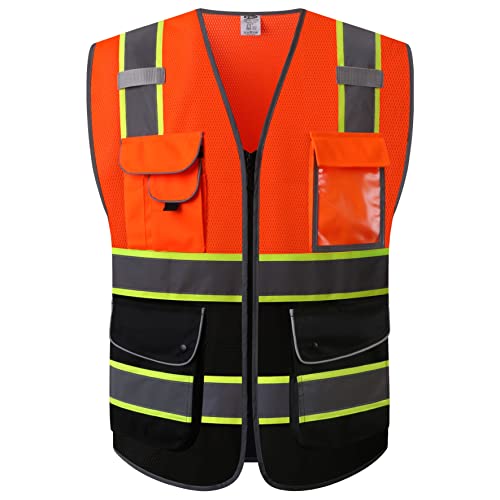 9 Pockets Class 2 High Visibility Zipper Front Safety Vest With Reflective Strips Meets ANSI