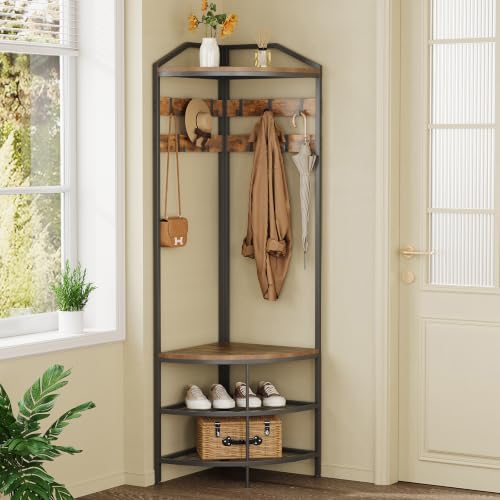 Corner Hall Tree with Shoe Bench Entryway Coat Rack with 10 Metal Movable Hooks Freestanding Clothes Rack Shoes Shelf Organizer for Home Office Bedroom