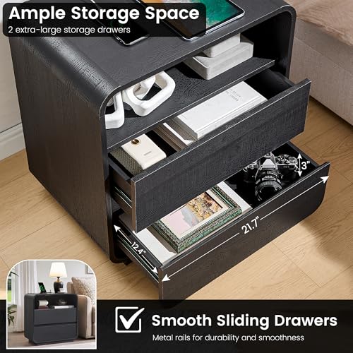 Curved Nightstand Set of 2 with Charging Station