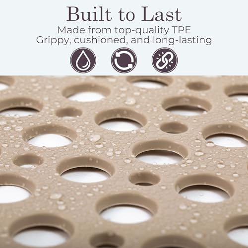 Non Slip Bathtub Mat and Shower Mat Beige TPE Strong Suction Cups Aesthetic Bath Mat for Inside Shower with Soft Texture