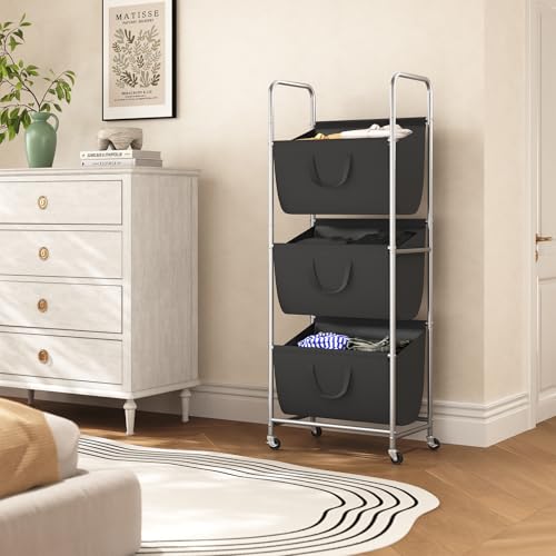 3 Tier Vertical Rolling Laundry Hamper with Wheels & Removable Bags