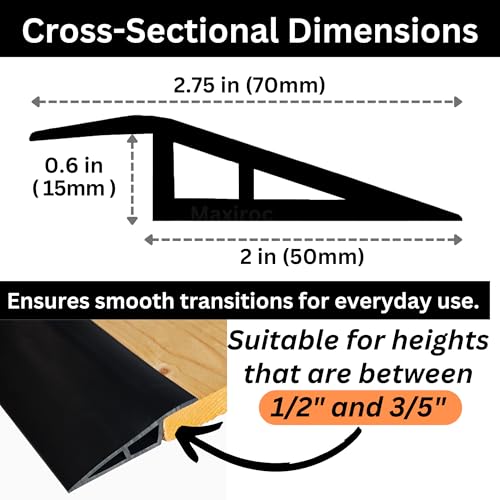 1/2" to 3/5" Height Threshold Ramp - Rubber Threshold, Floor Transition Strip, Wheelchair Ramp, Door Strip, Carpet to Tile Strip