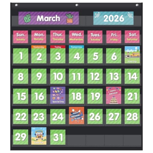 Classroom Monthly Calendar Pocket Chart with 71 Cards for Kids Learning for Home