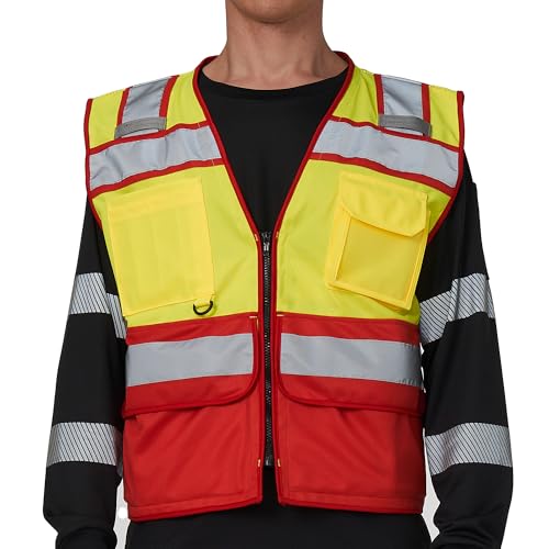 High Vis Reflective Safety Vest for Men Women Zipper Ipad Pockets Mesh Construction Apparel Neon Vest for Work