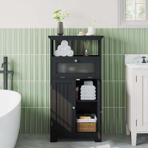 Bathroom Floor Storage Cabinet with Flip Glass Drawer