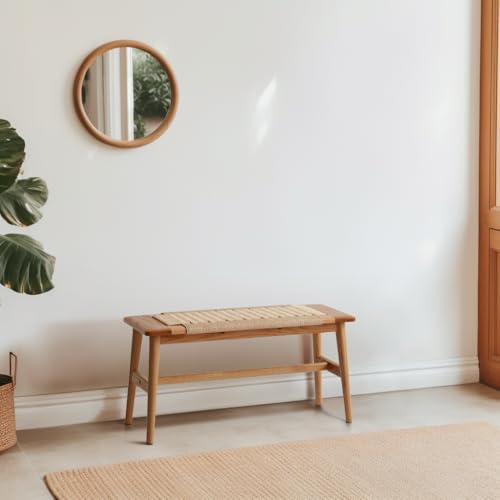 Oak Dining Bench with Woven Design