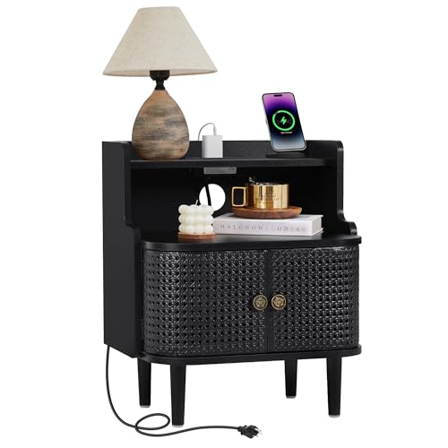 Metal Rattan Narrow End Table with Charging Station