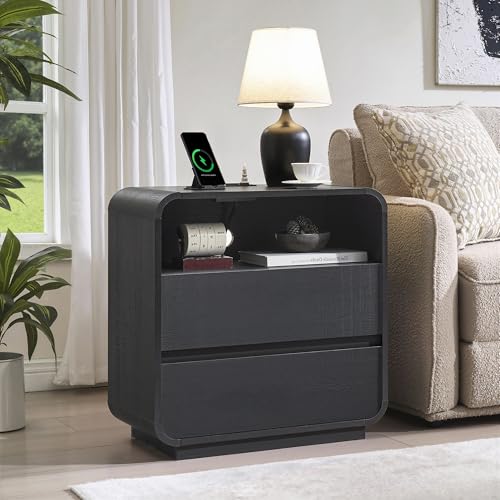 Curved Nightstand Set of 2 with Charging Station