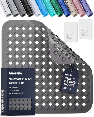 Shower Stall Mat Non Slip 21x21 Square Shower and Standing Bathtub Mat for Baby INCL. 2 Hooks for Storage Anti Slip Shower Mats with Suction Cups Soft on Feet Machine Washable Homerella