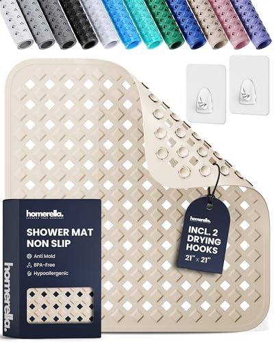 Shower Stall Mat Non Slip 21x21 Square Shower and Standing Bathtub Mat for Baby INCL. 2 Hooks for Storage Anti Slip Shower Mats with Suction Cups Soft on Feet Machine Washable Homerella