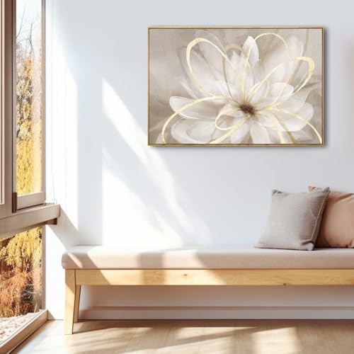Abstract Bedroom Picture Gold Large Framed Canvas Wall Art Living Room Art Wall Decor Flower Paintings White Textured Pictures