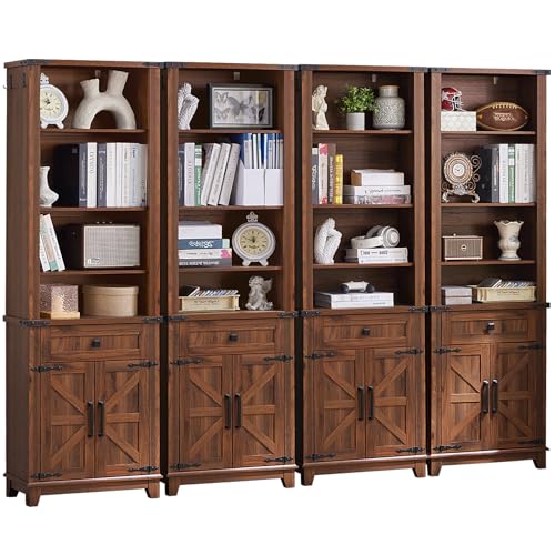 72in Tall Bookshelf 7 Tier Bookcase with Drawer and Barn Doors and Adjustable Shelves