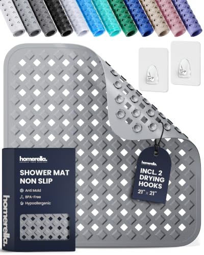 Shower Stall Mat Non Slip 21x21 Square Shower and Standing Bathtub Mat for Baby INCL. 2 Hooks for Storage Anti Slip Shower Mats with Suction Cups Soft on Feet Machine Washable Homerella
