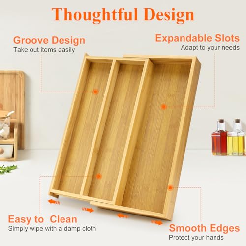 Bamboo Utensil Drawer Organizer Cutlery Tray Kitchen Tools Drawer Holder Expandable Silverware Organizer Tray for Saptula Spoon Large Cooking Utensils Organizer Adjustable Wooden Flatware Organizer