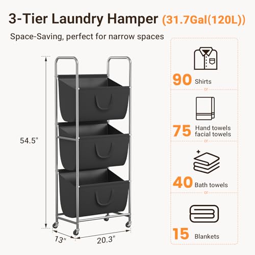 3 Tier Vertical Rolling Laundry Hamper with Wheels & Removable Bags