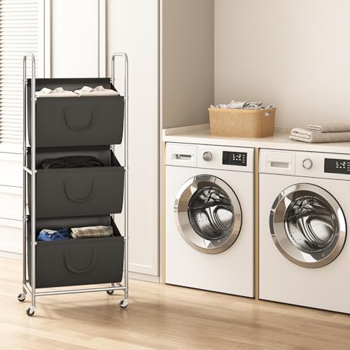3 Tier Vertical Rolling Laundry Hamper with Wheels & Removable Bags