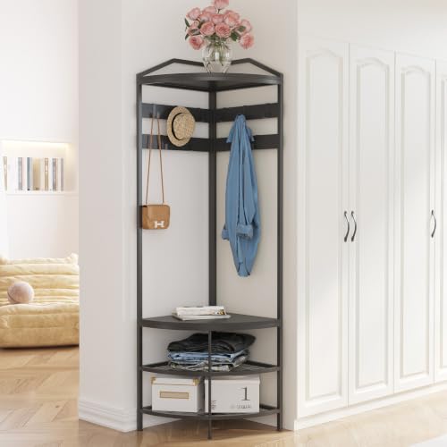 Corner Hall Tree with Shoe Bench Entryway Coat Rack with 10 Metal Movable Hooks Freestanding Clothes Rack Shoes Shelf Organizer for Home Office Bedroom