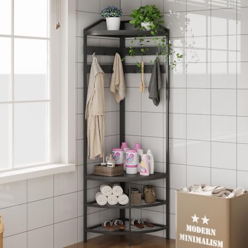 Corner Hall Tree with Shoe Bench Entryway Coat Rack with 10 Metal Movable Hooks Freestanding Clothes Rack Shoes Shelf Organizer for Home Office Bedroom