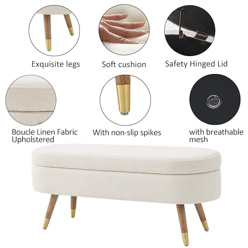 Oval Storage Bench 43.5" Linen Fabric Upholstered Entryway Bench with Solid Wood Legs Ottoman Bench Indoor Bench for Living Room