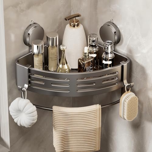 Corner Shower Caddy Suction Cup Shower Shelf Corner No Drilling Bathroom Shower Organizer Storage Rack Adhesive with Towel Bar Hooks