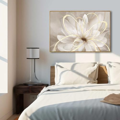 Abstract Bedroom Picture Gold Large Framed Canvas Wall Art Living Room Art Wall Decor Flower Paintings White Textured Pictures