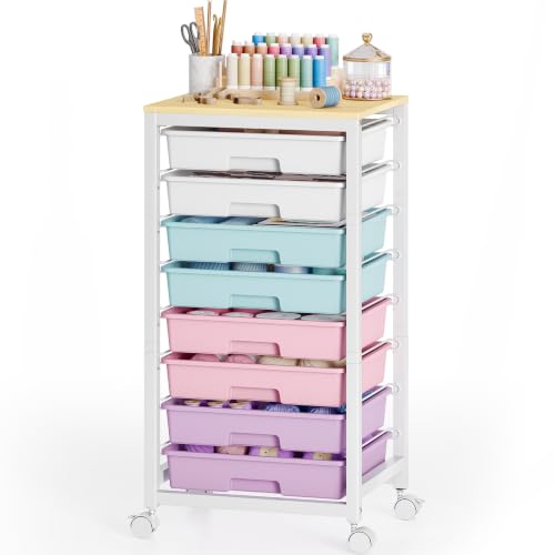 Rolling Cart with 8 Drawers and Wooden Tabletop