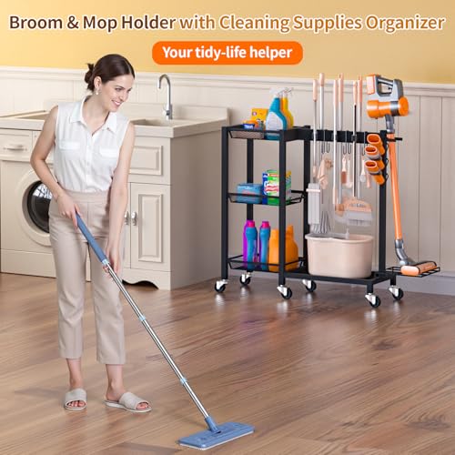 Broom Holder with Cleaning Supplies Organizer & Large Capacity