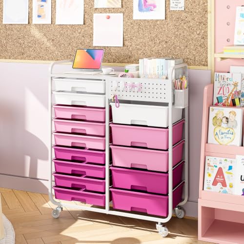 14 Drawer Rolling Storage Cart with Tabletop and Pegboard for Crafts