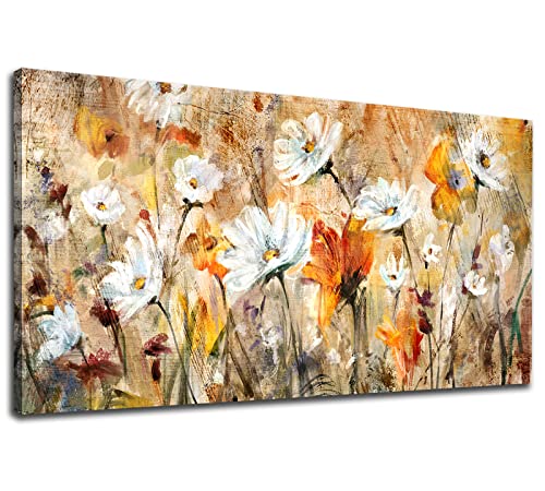 Large Floral Wall Art Grey Cream Brown Flowers Wall Decor Abstract Botanical Canvas Painting Artwork Simple Life Canvas Pictures for Living Room Bedroom Kitchen Home Office Decoration