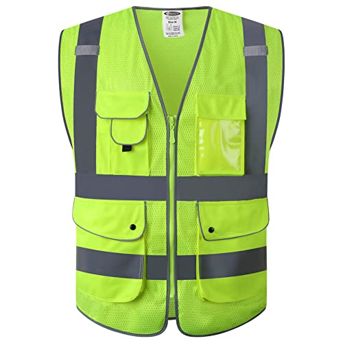 9 Pockets Class 2 High Visibility Zipper Front Safety Vest With Reflective Strips Meets ANSI