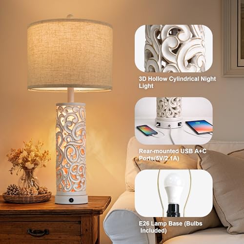 Bedside Table Lamps Set of 2 with Night Light & Top Light