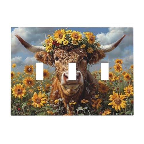 Light Switch Cover Plate Vintage Sunflower Highland Cow Rustic Art 1 Gang No Device Blank Electrical Wall Plates Faceplate Decorative Switch Plate for Bedroom Farmhouse Decor