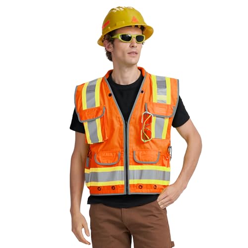 Heavy Woven cotton High Vis Reflective work construction safety vest for men Class 2 with ipad Cargo Back Pocket