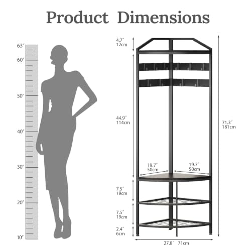 Corner Hall Tree with Shoe Bench Entryway Coat Rack with 10 Metal Movable Hooks Freestanding Clothes Rack Shoes Shelf Organizer for Home Office Bedroom