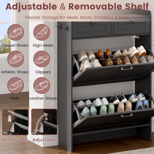 Fluted Shoe Storage Cabinet with 2 Flip Drawers & 2 Top Drawers