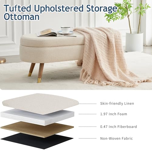 Oval Storage Bench 43.5" Linen Fabric Upholstered Entryway Bench with Solid Wood Legs Ottoman Bench Indoor Bench for Living Room
