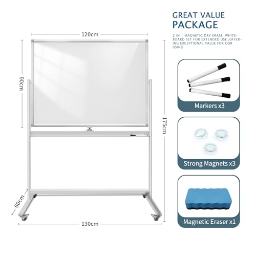 Rolling Writeboard Premium Tempered Magnetic Glass Double Sided Easel