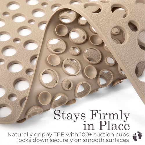 Non Slip Bathtub Mat and Shower Mat Beige TPE Strong Suction Cups Aesthetic Bath Mat for Inside Shower with Soft Texture