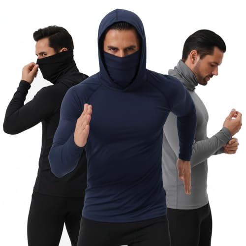 3 Pack Mens Sun Protection Fishing Hoodie with Face Mask UPF 50+ Long Sleeve Compression Work Shirt Quick Dry