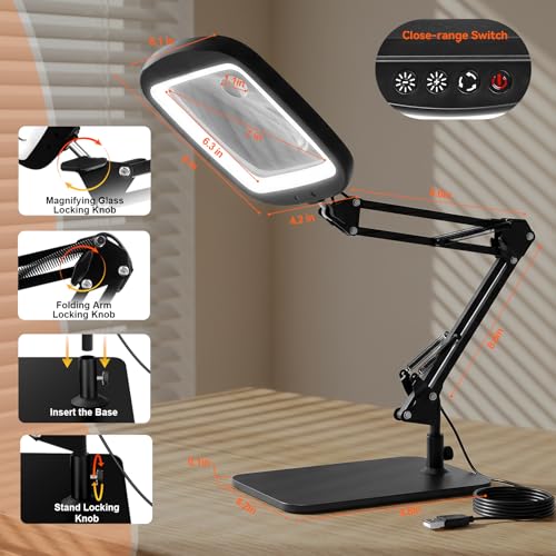 10X 30X Extra Large Magnifying Glass with Light and Stand
