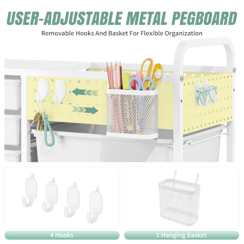 14 Drawer Rolling Storage Cart with Tabletop and Pegboard for Crafts