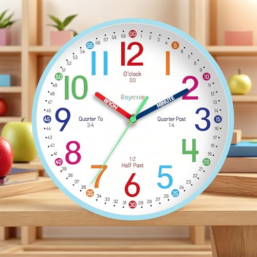 Wall Clock for Kids Learning to Tell Time Easily Clock Non Ticking Battery Operated Colorful Teaching Time Clock Decorative for Kids Room Classroom School