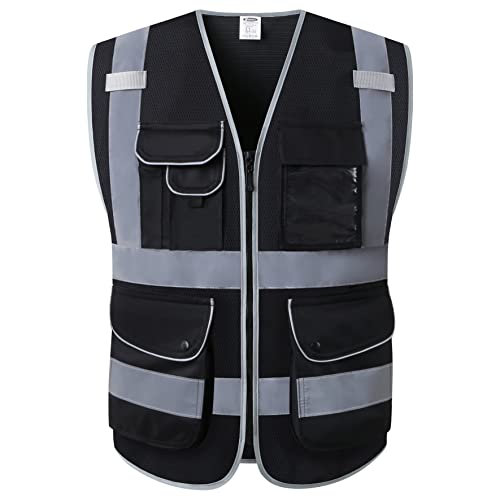 9 Pockets Class 2 High Visibility Zipper Front Safety Vest With Reflective Strips Meets ANSI