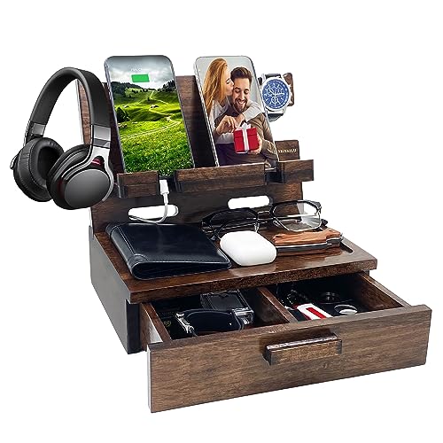 Gifts for Him Husband Boyfriend Son Men Nightstand Organizer Wood Phone Docking Station