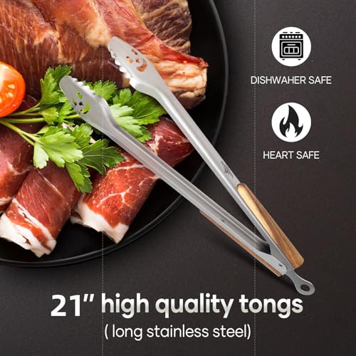 18 Inch Extra Long Stainless Steel BBQ Tongs with Ergonomic Acacia Wood Handle