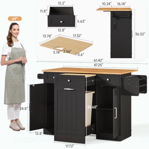61" Kitchen Islands with Movable Wood Cutting Board & Trash Storage Cabinets