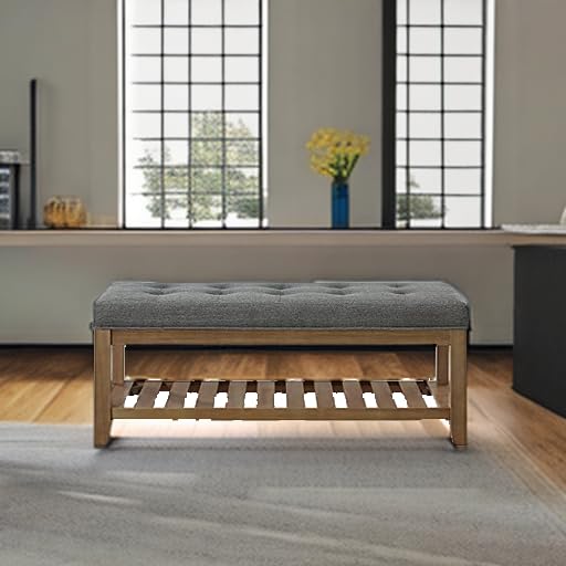 Large Rectangular Upholstered Tufted Linen Ottoman Bench