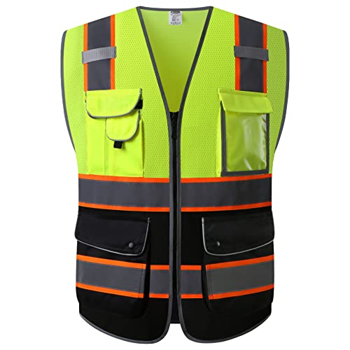 9 Pockets Class 2 High Visibility Zipper Front Safety Vest With Reflective Strips Meets ANSI