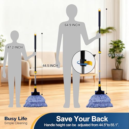 Looped End String Wet Mop Heavy Duty Cotton Mop Commercial Industrial Grade Iron Pole Jaw Clamp Floor Cleaning 51in Long