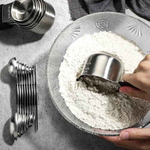 Magnetic Measuring Cups and Spoons Set Including 7 Stainless Steel Measuring Cups 8 Double Sided Magnetic Measuring Spoons Set with 1 Leveler Kitchen Measuring Tools for Cooking Baking